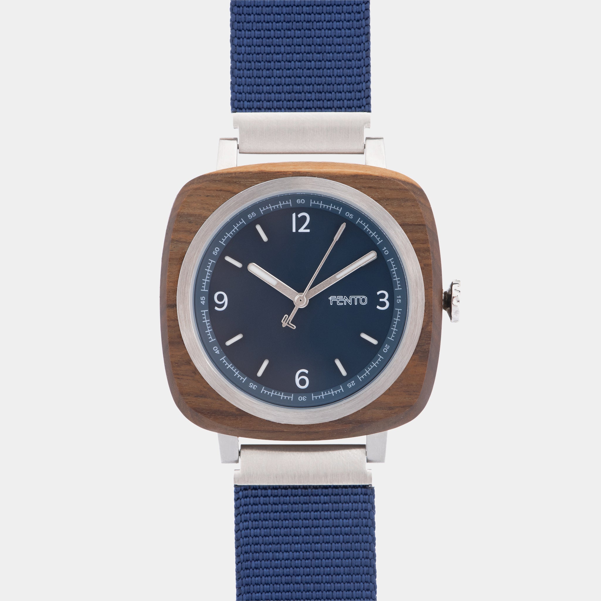 Reloj elegante para hombre Windsor con carcasa de madera y correa de nylon azul.